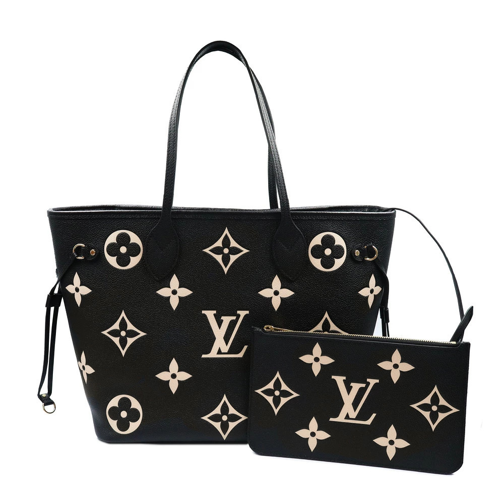 LOUIS VUITTON Neverfull Monogram Empreinte Black Beige Cream Tote Bag Leather